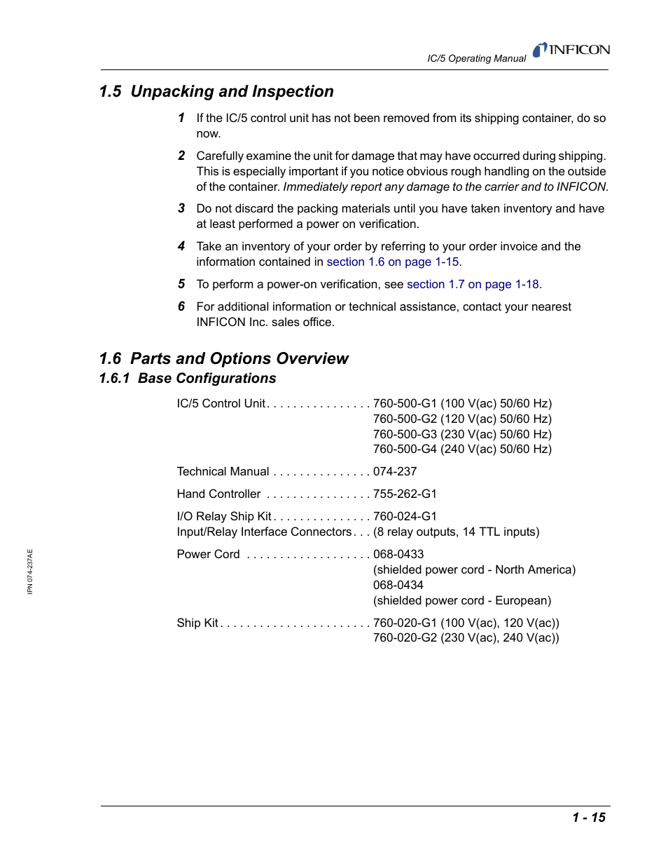 5 unpacking and inspection, 6 parts and options overview, 1 base configurations | INFICON IC/5 Thin Film Deposition Controller User Manual | Page 31 / 312