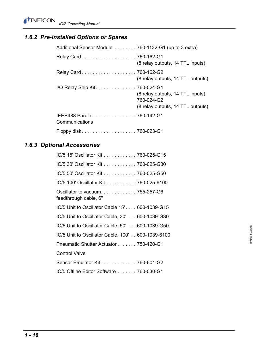 2 preinstalled options or spares, 3 optional accessories, 2 pre-installed options or spares | INFICON IC/5 Thin Film Deposition Controller User Manual | Page 32 / 312