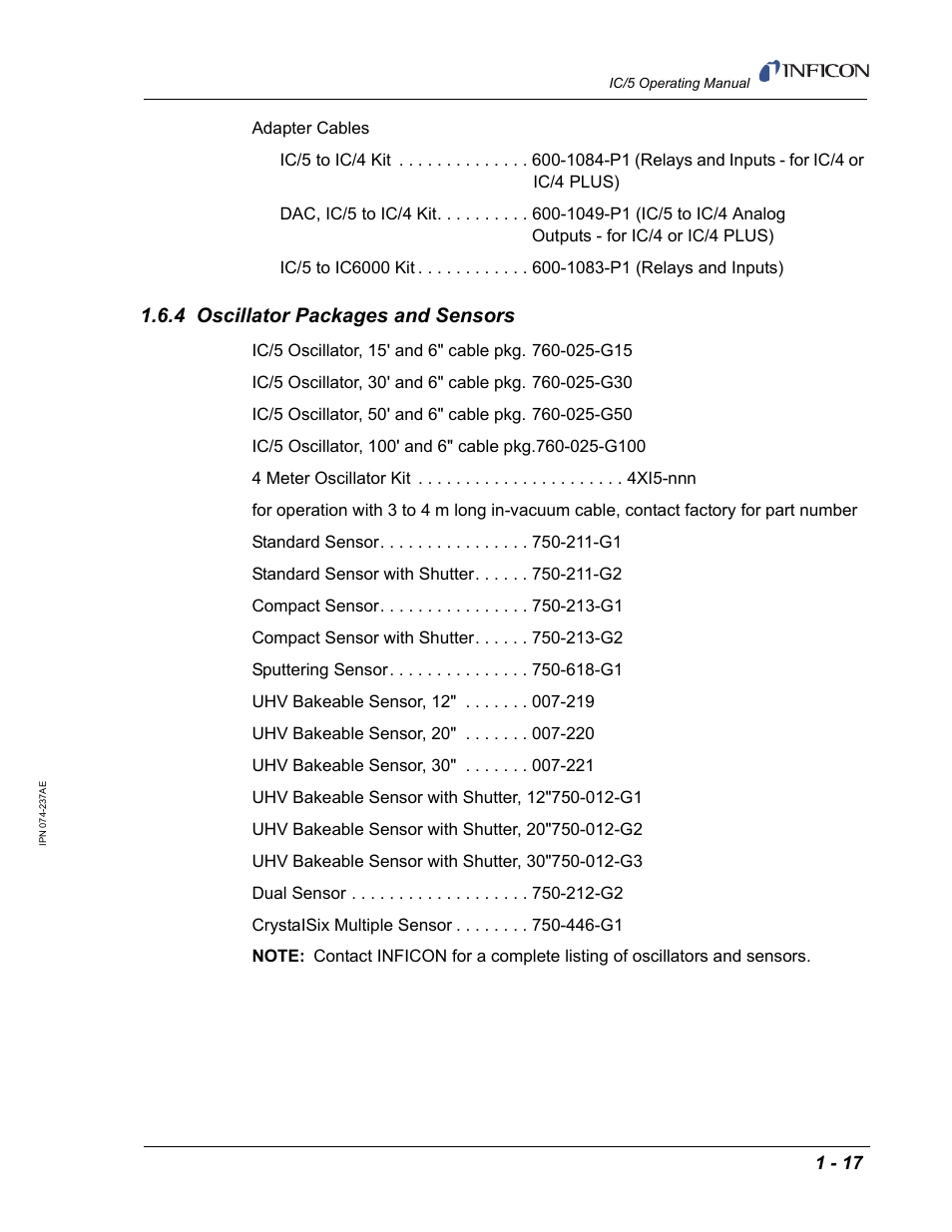 4 oscillator packages and sensors | INFICON IC/5 Thin Film Deposition Controller User Manual | Page 33 / 312