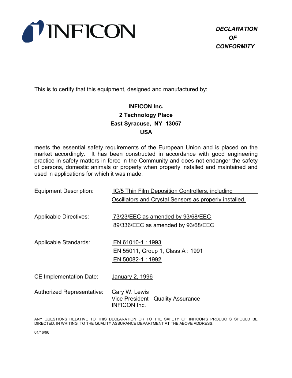 Declaration of conformity | INFICON IC/5 Thin Film Deposition Controller User Manual | Page 5 / 312