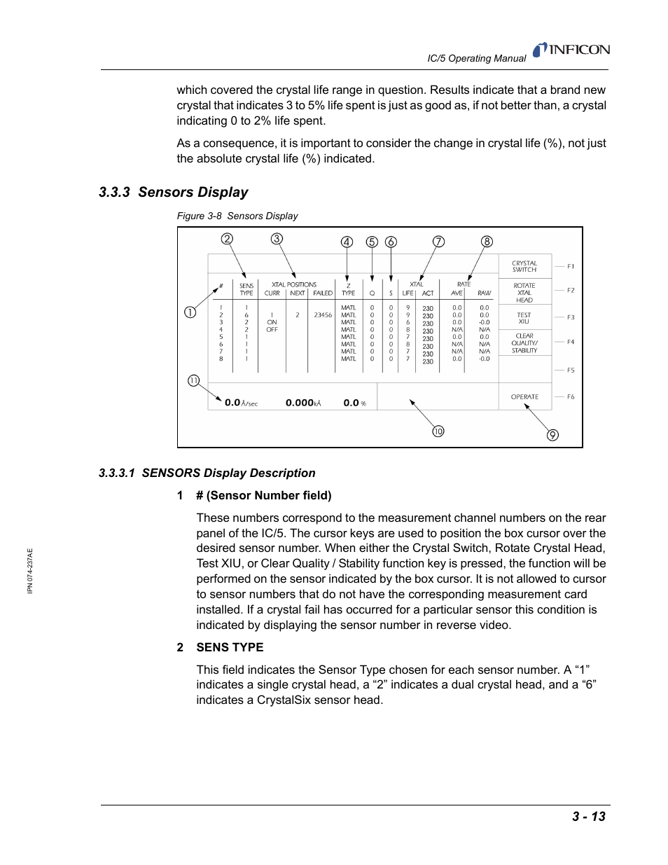 3 sensors display, 1 sensors display description, Which allows | INFICON IC/5 Thin Film Deposition Controller User Manual | Page 65 / 312