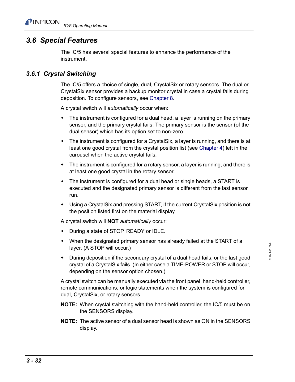 6 special features, 1 crystal switching, Section 3.6.1 | INFICON IC/5 Thin Film Deposition Controller User Manual | Page 84 / 312