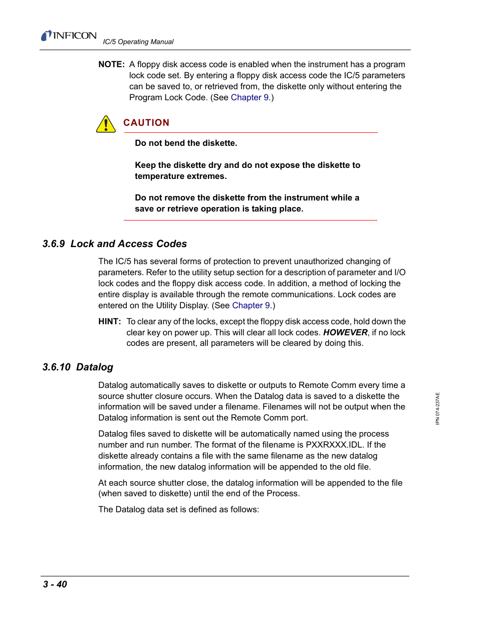 9 lock and access codes, 10 datalog | INFICON IC/5 Thin Film Deposition Controller User Manual | Page 92 / 312