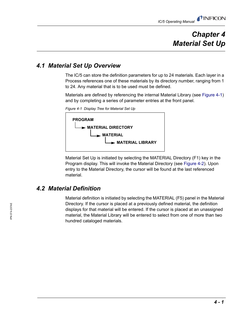 Chapter 4 material set up, 1 material set up overview, 2 material definition | Chapter 4, For a d | INFICON IC/5 Thin Film Deposition Controller User Manual | Page 95 / 312