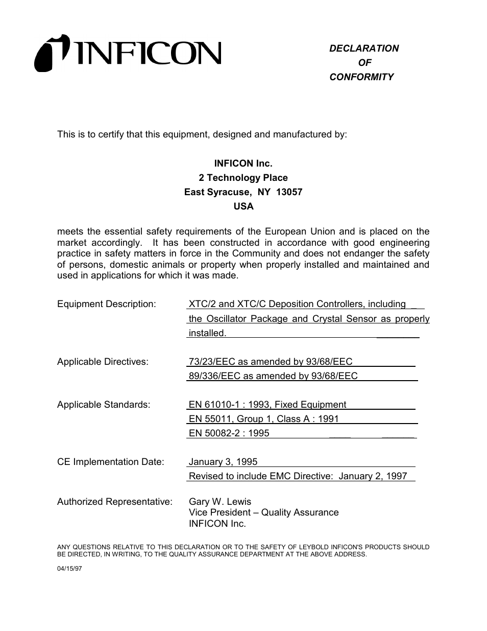 Declaration of conformity | INFICON XTC/C Thin Film Deposition Controller User Manual | Page 5 / 186