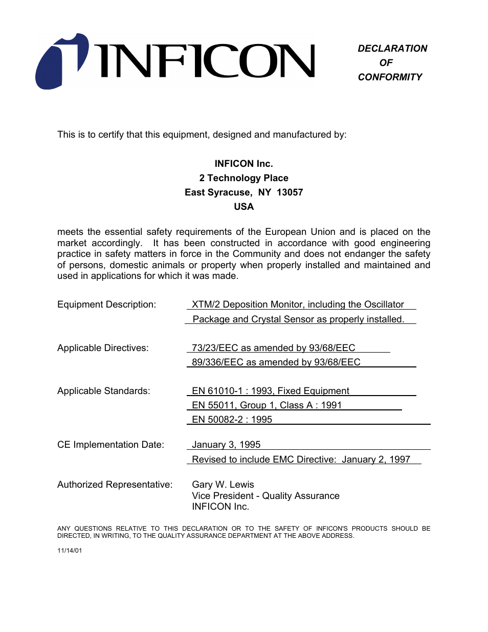 Declaration of conformity | INFICON XTM/2 Thin Film Deposition Monitor User Manual | Page 5 / 140
