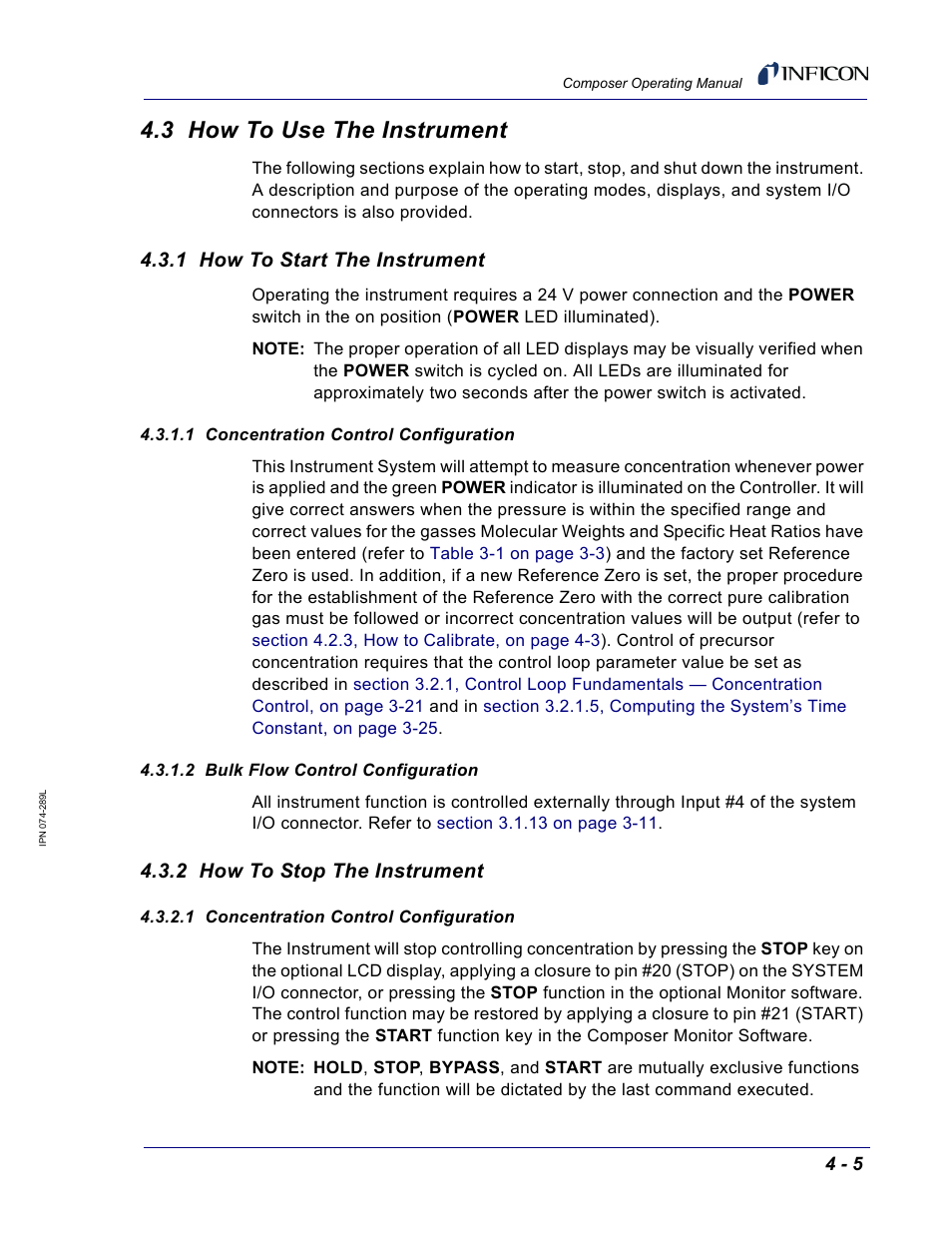 3 how to use the instrument, 1 how to start the instrument, 1 concentration control configuration | 2 bulk flow control configuration, 2 how to stop the instrument | INFICON Composer Gas Concentration Controller User Manual | Page 101 / 206