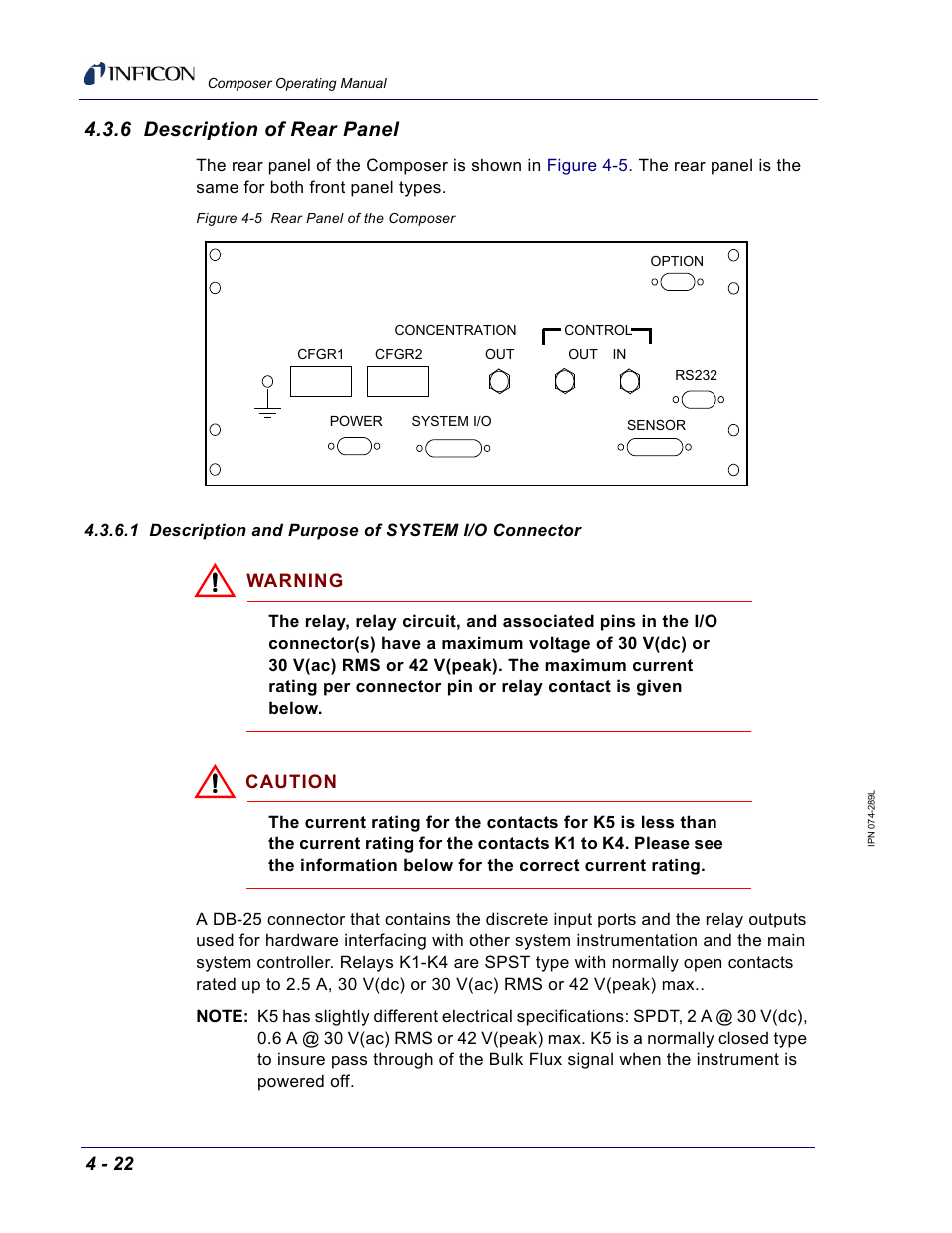 6 description of rear panel, 1 description and purpose of system i/o connector, Section 4.3.6.1 on | Section 4.3.6.1, description and, Section 4.3.6.1 | INFICON Composer Gas Concentration Controller User Manual | Page 118 / 206