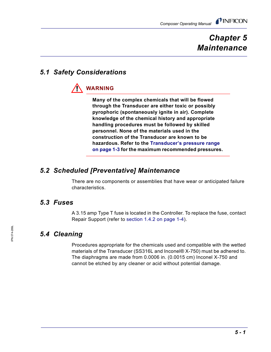 Chapter 5 maintenance, 1 safety considerations, 2 scheduled [preventative] maintenance | 3 fuses, 4 cleaning, Chapter 5 | INFICON Composer Gas Concentration Controller User Manual | Page 127 / 206