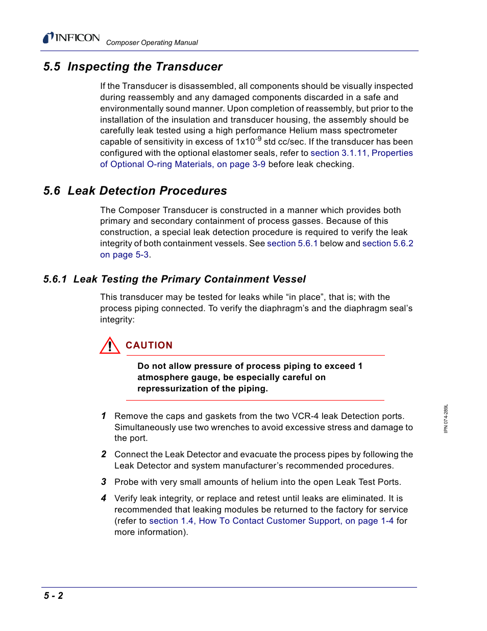 5 inspecting the transducer, 6 leak detection procedures, 1 leak testing the primary containment vessel | INFICON Composer Gas Concentration Controller User Manual | Page 128 / 206