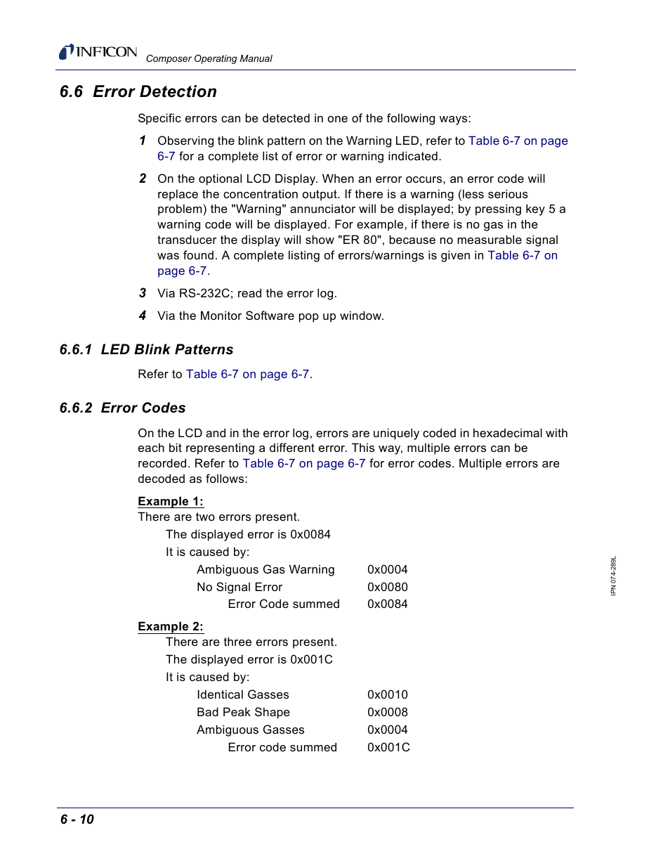 6 error detection, 1 led blink patterns, 2 error codes | INFICON Composer Gas Concentration Controller User Manual | Page 142 / 206