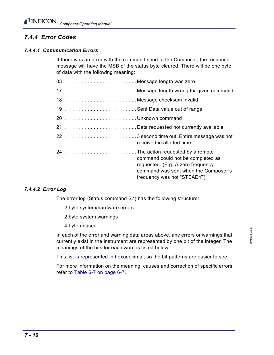 4 error codes, 1 communication errors, 2 error log | Section 7.4.4, error | INFICON Composer Gas Concentration Controller User Manual | Page 152 / 206