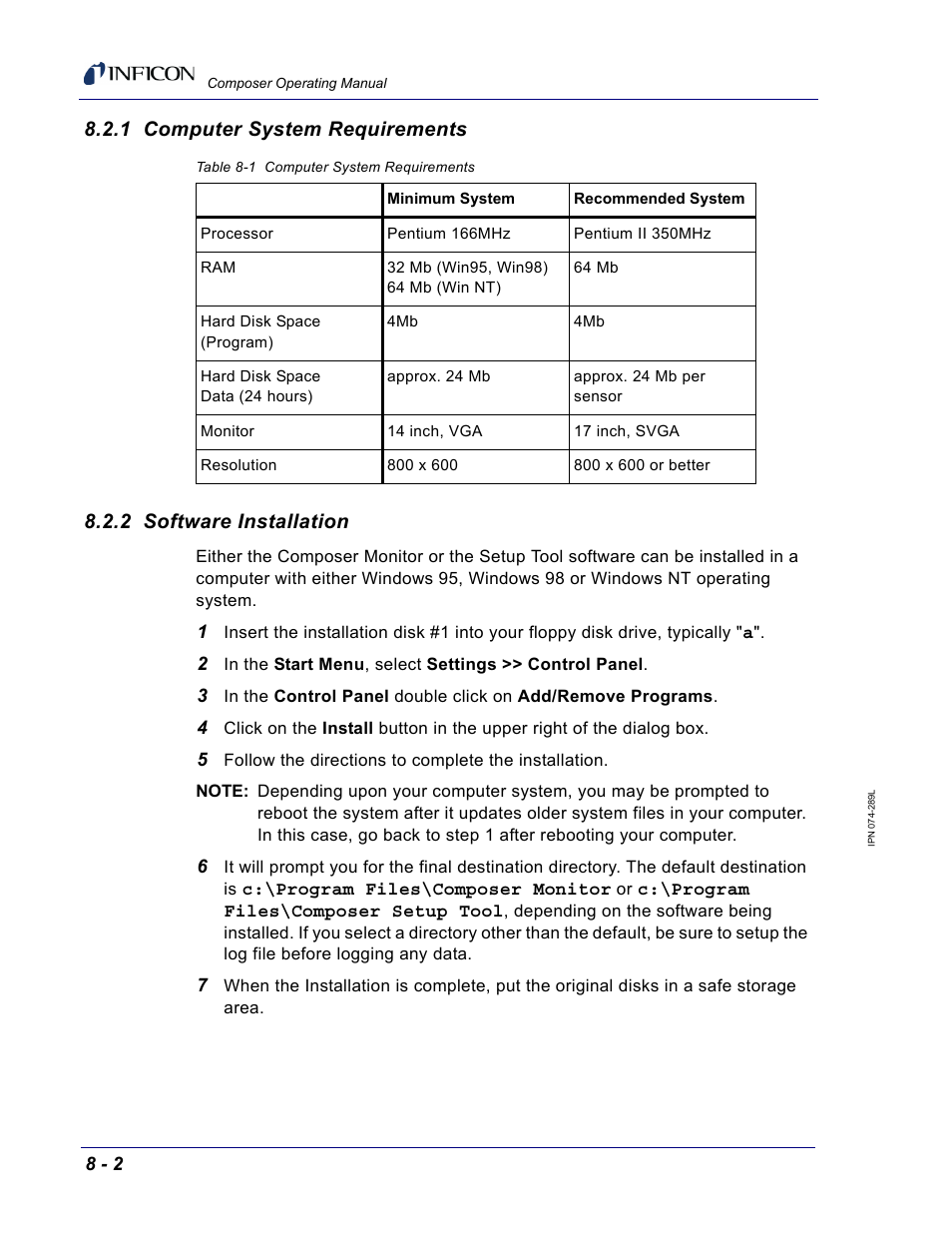 1 computer system requirements, 2 software installation, Section 8.2.1 | INFICON Composer Gas Concentration Controller User Manual | Page 156 / 206