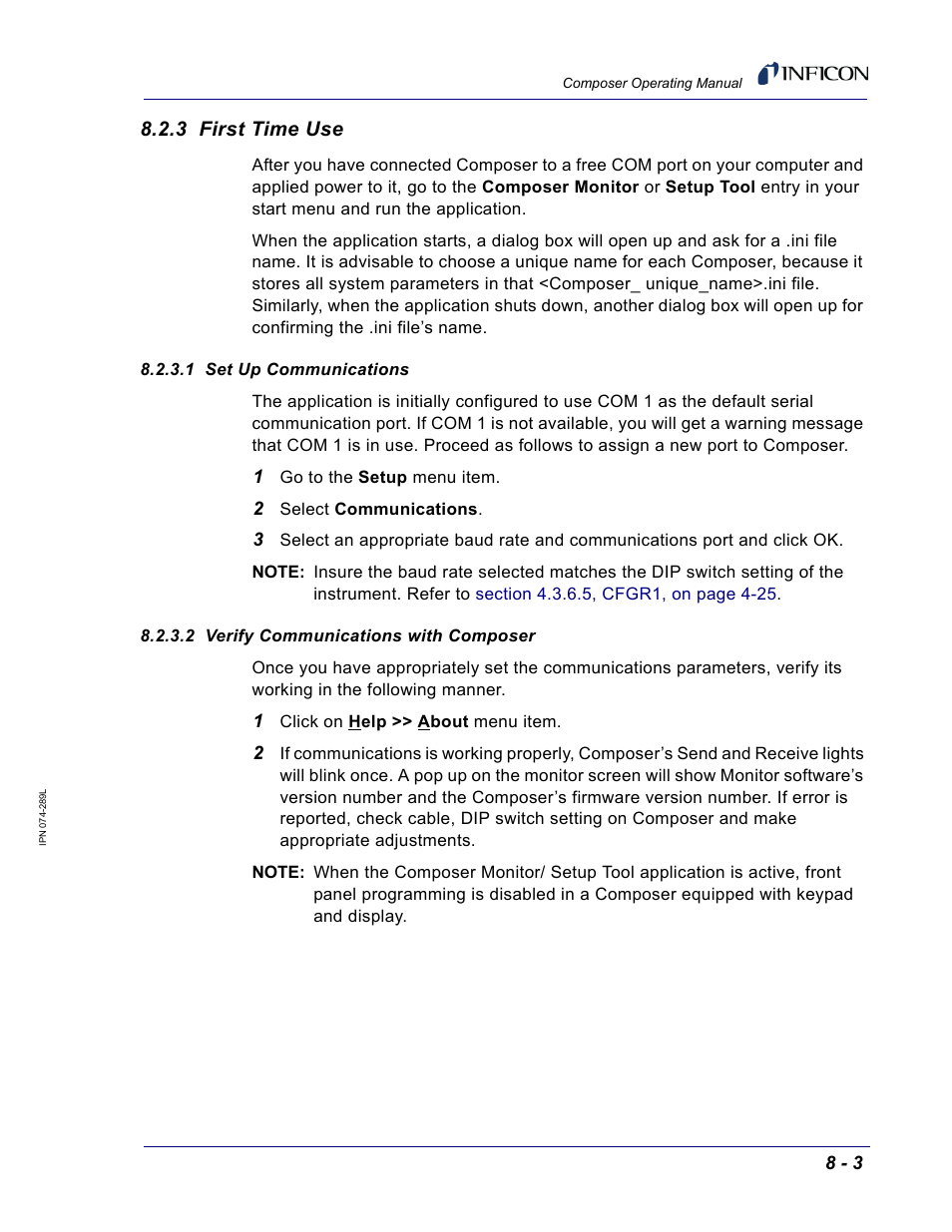 3 first time use, 1 set up communications, 2 verify communications with composer | INFICON Composer Gas Concentration Controller User Manual | Page 157 / 206