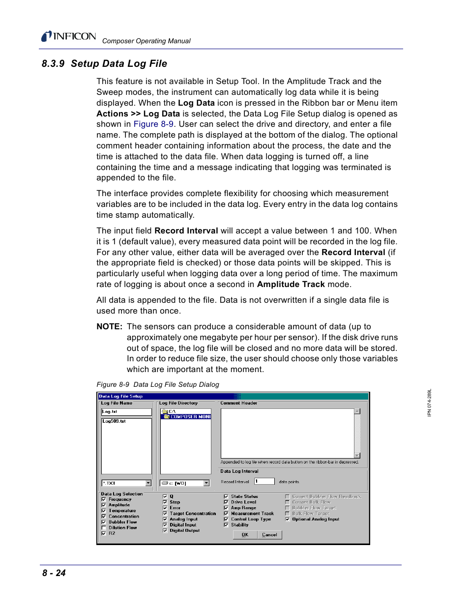 9 setup data log file, Section 8.3.9 on | INFICON Composer Gas Concentration Controller User Manual | Page 178 / 206