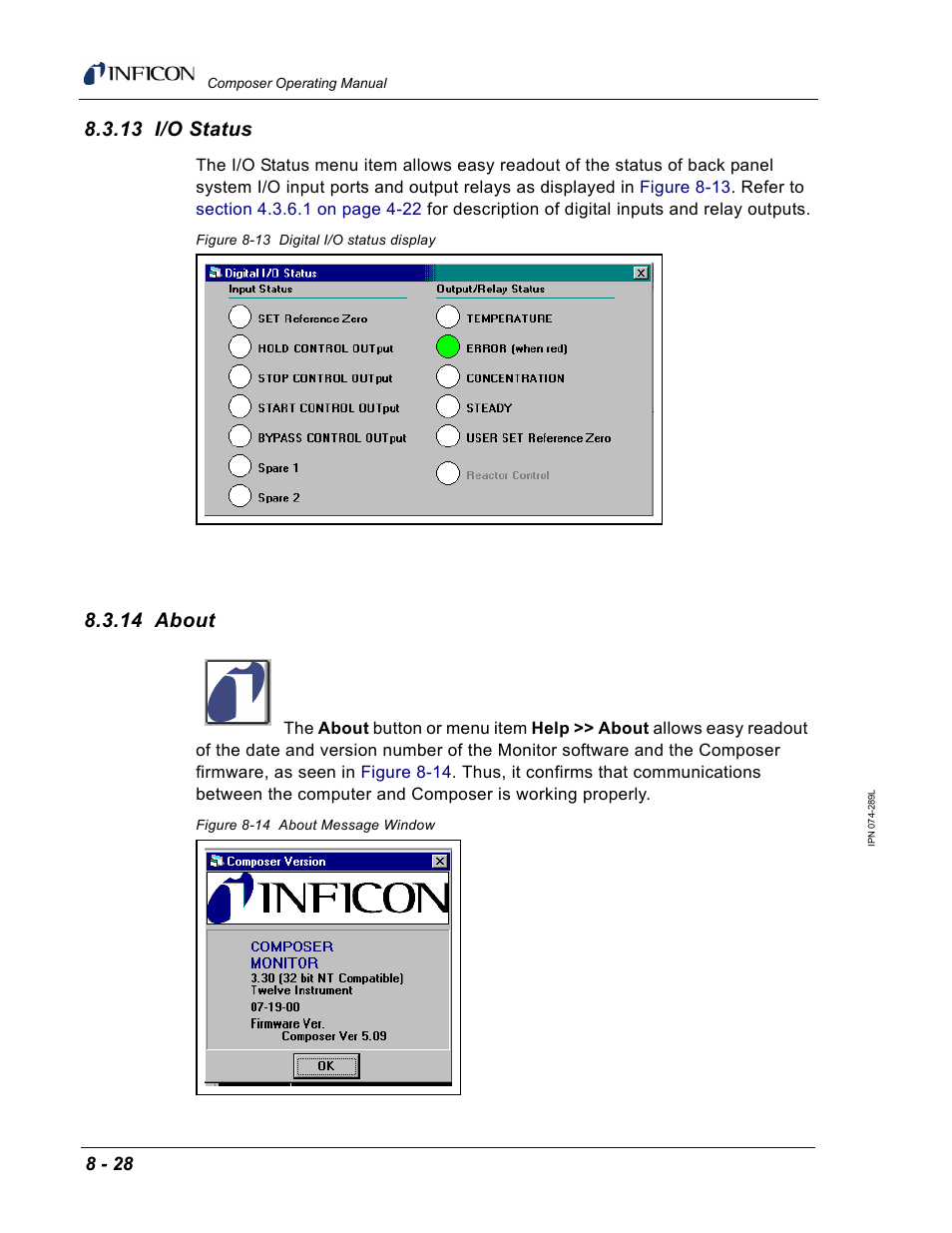 13 i/o status, 14 about, Section | Section 8.3.14 | INFICON Composer Gas Concentration Controller User Manual | Page 182 / 206