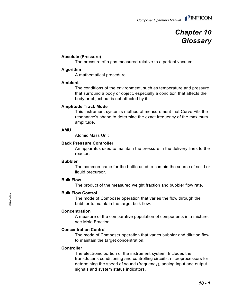Chapter 10 glossary, Chapter 10 | INFICON Composer Gas Concentration Controller User Manual | Page 187 / 206
