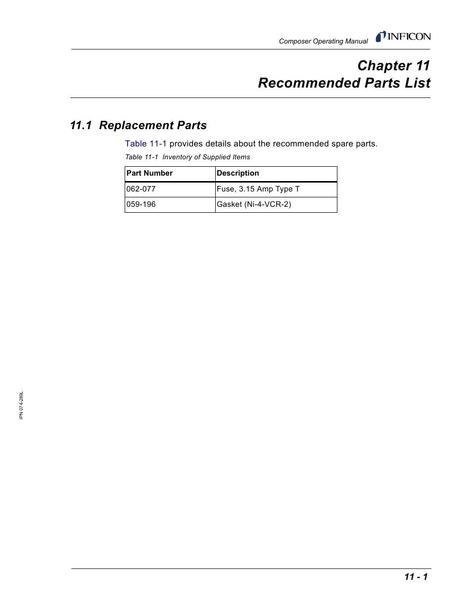 Chapter 11 recommended parts list, 1 replacement parts, Chapter 11 | INFICON Composer Gas Concentration Controller User Manual | Page 195 / 206