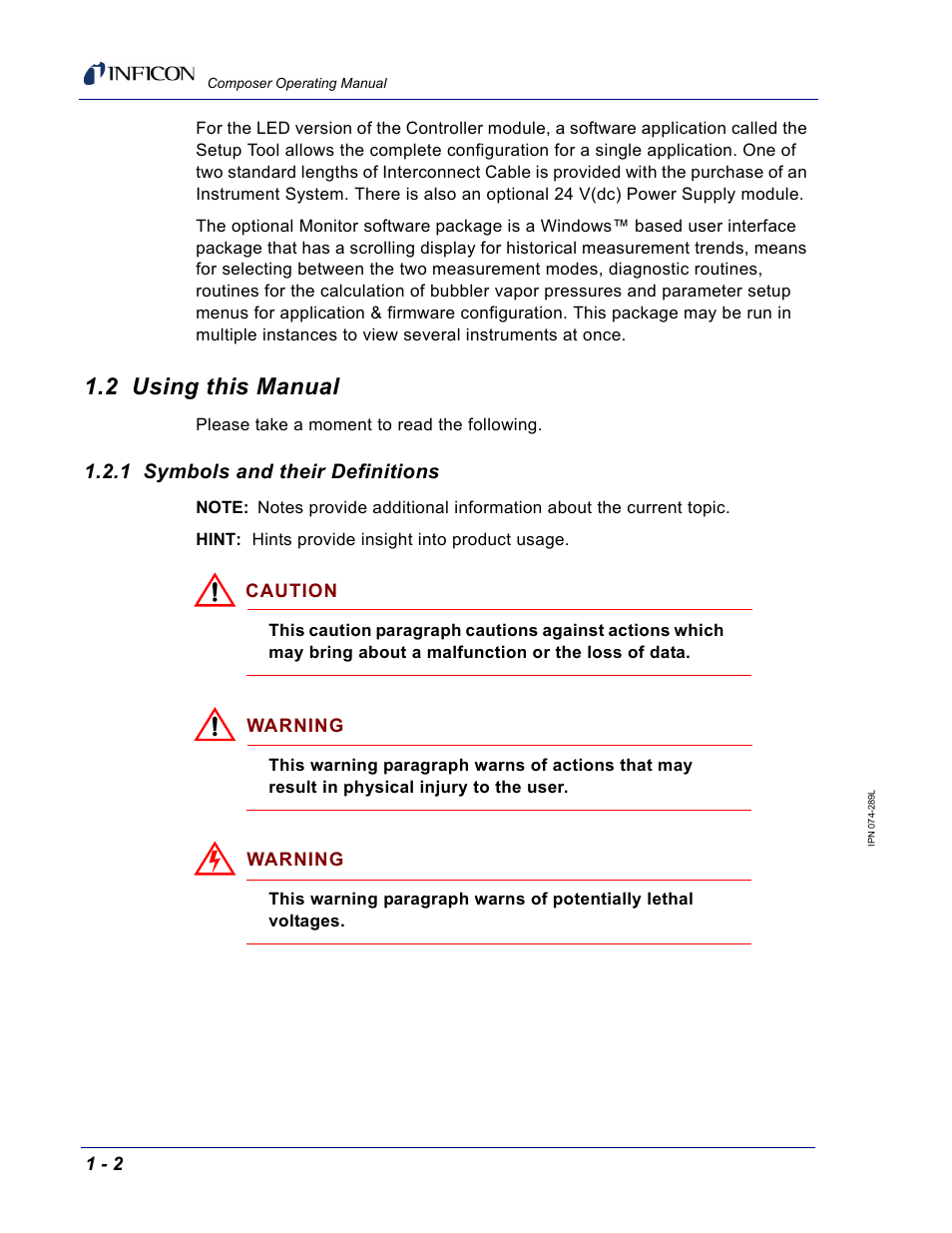 2 using this manual, 1 symbols and their definitions | INFICON Composer Gas Concentration Controller User Manual | Page 20 / 206