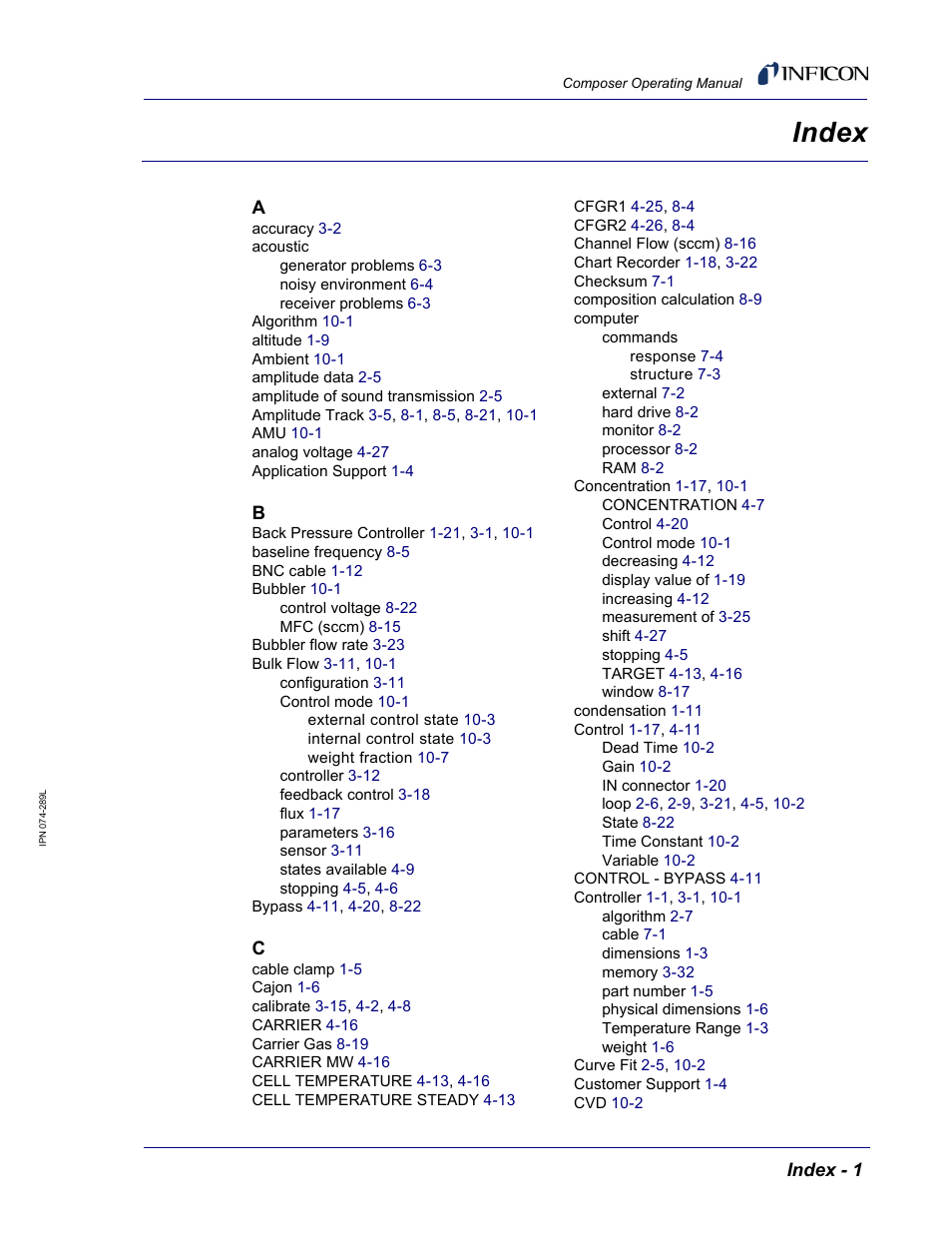 Index | INFICON Composer Gas Concentration Controller User Manual | Page 201 / 206