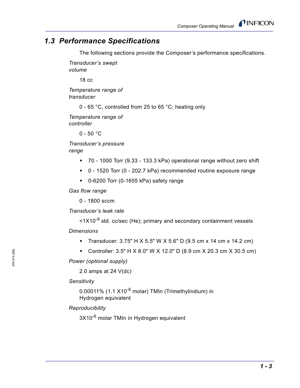 3 performance specifications | INFICON Composer Gas Concentration Controller User Manual | Page 21 / 206