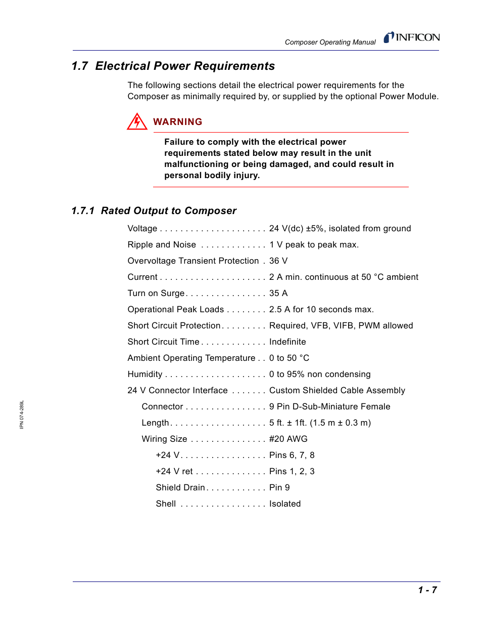 7 electrical power requirements, 1 rated output to composer | INFICON Composer Gas Concentration Controller User Manual | Page 25 / 206
