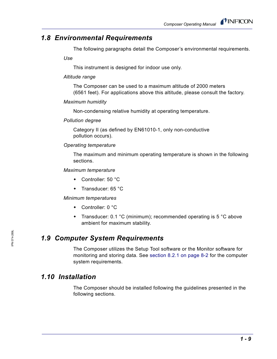8 environmental requirements, 9 computer system requirements, 10 installation | INFICON Composer Gas Concentration Controller User Manual | Page 27 / 206