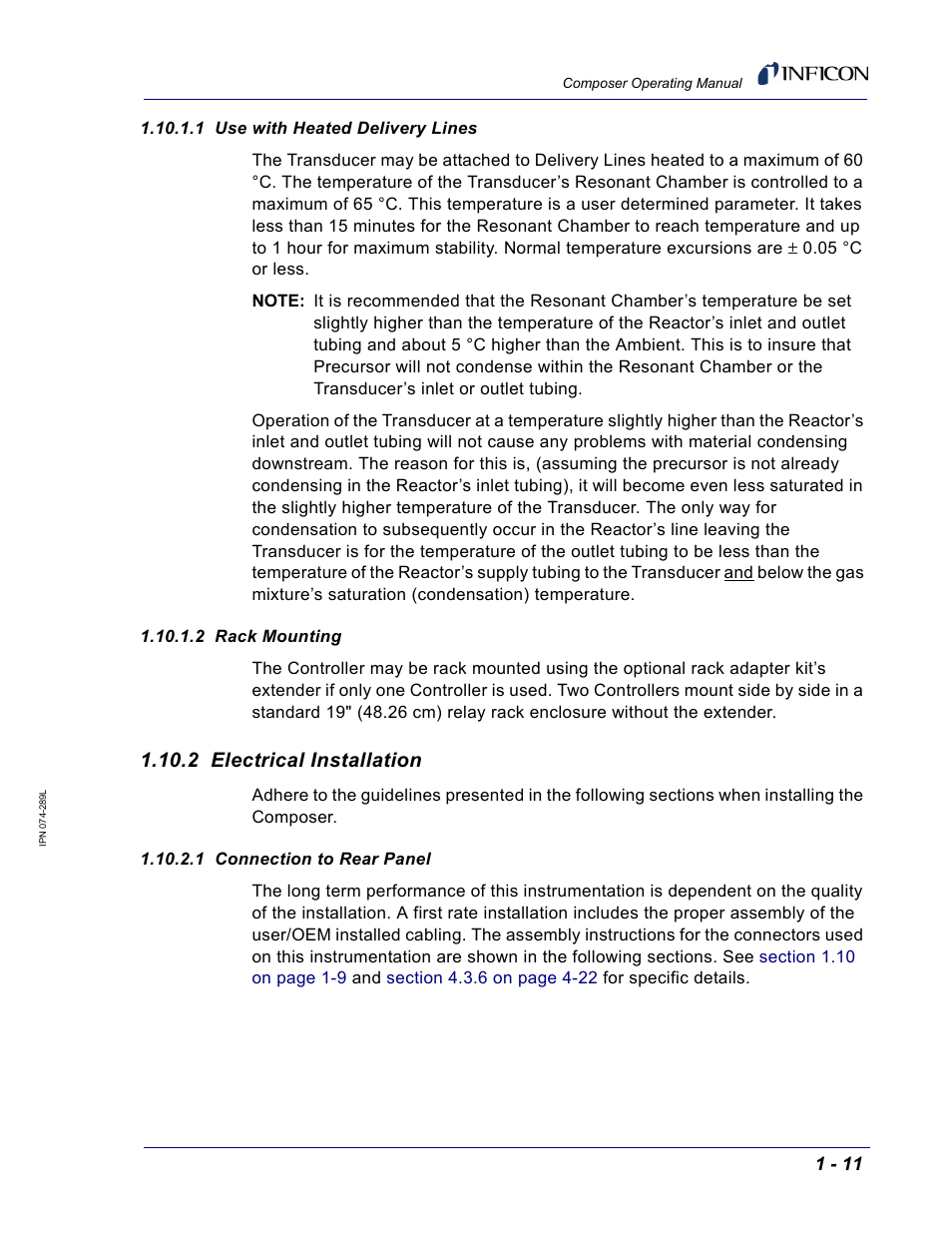 1 use with heated delivery lines, 2 rack mounting, 2 electrical installation | 1 connection to rear panel | INFICON Composer Gas Concentration Controller User Manual | Page 29 / 206