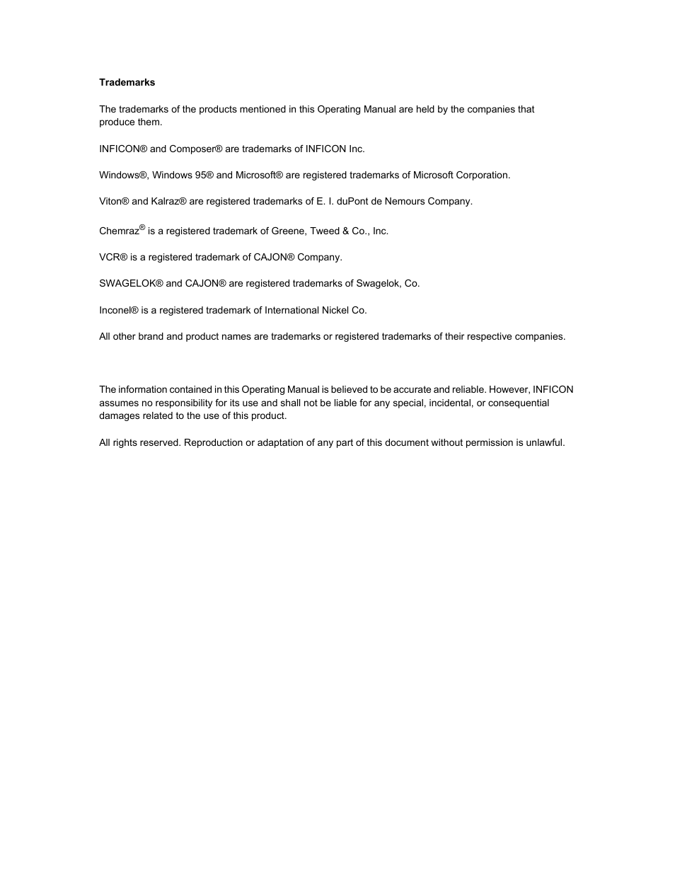 Trademarks | INFICON Composer Gas Concentration Controller User Manual | Page 4 / 206