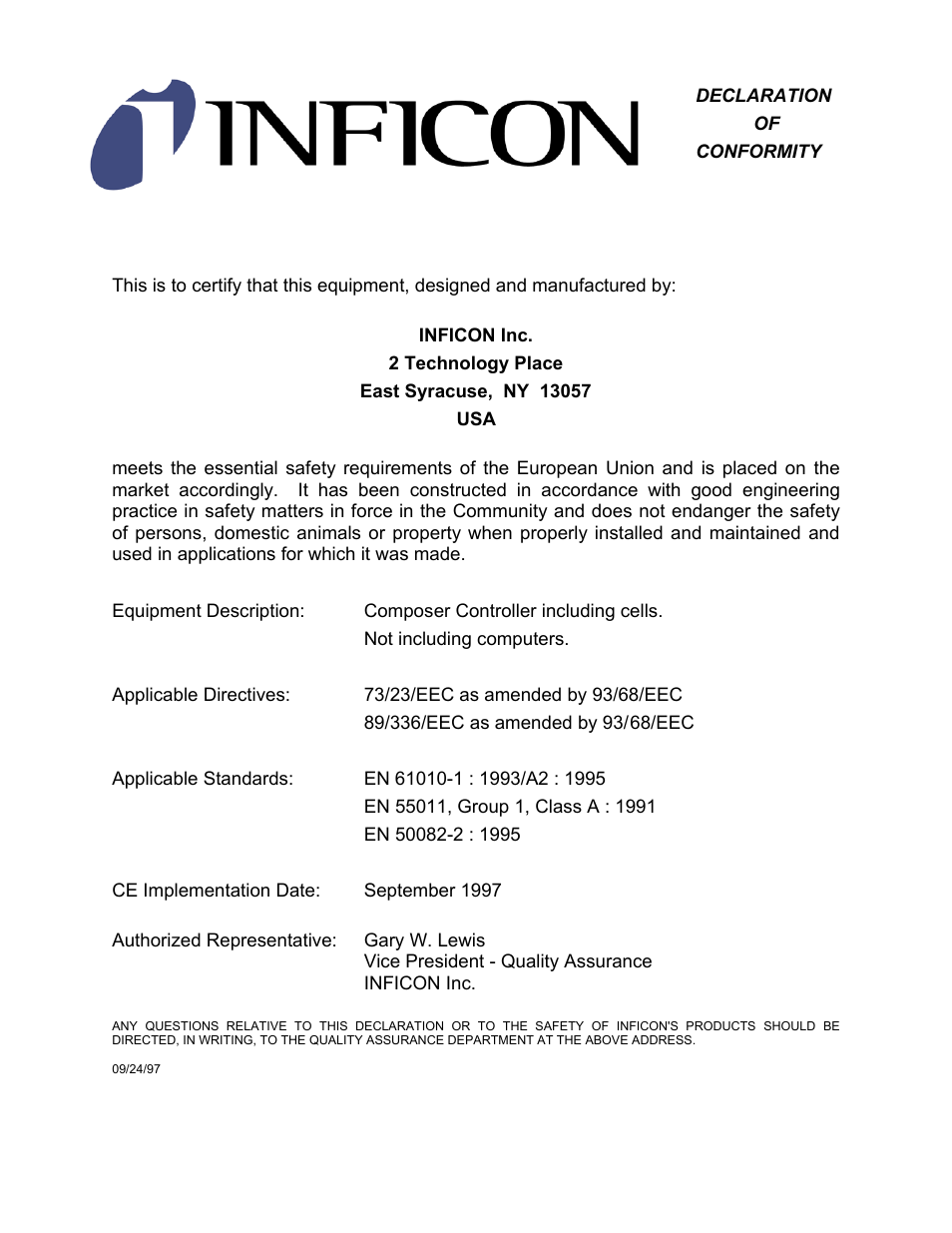 Declaration of conformity | INFICON Composer Gas Concentration Controller User Manual | Page 5 / 206