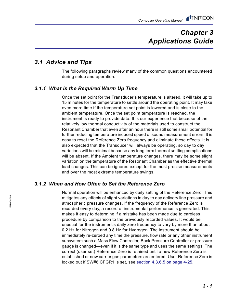 Chapter 3 applications guide, 1 advice and tips, 1 what is the required warm up time | 2 when and how often to set the reference zero, Chapter 3 | INFICON Composer Gas Concentration Controller User Manual | Page 63 / 206