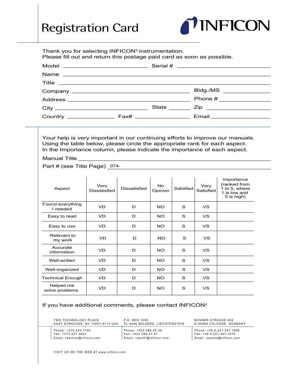Registration card | INFICON Composer Gas Concentration Controller User Manual | Page 7 / 206