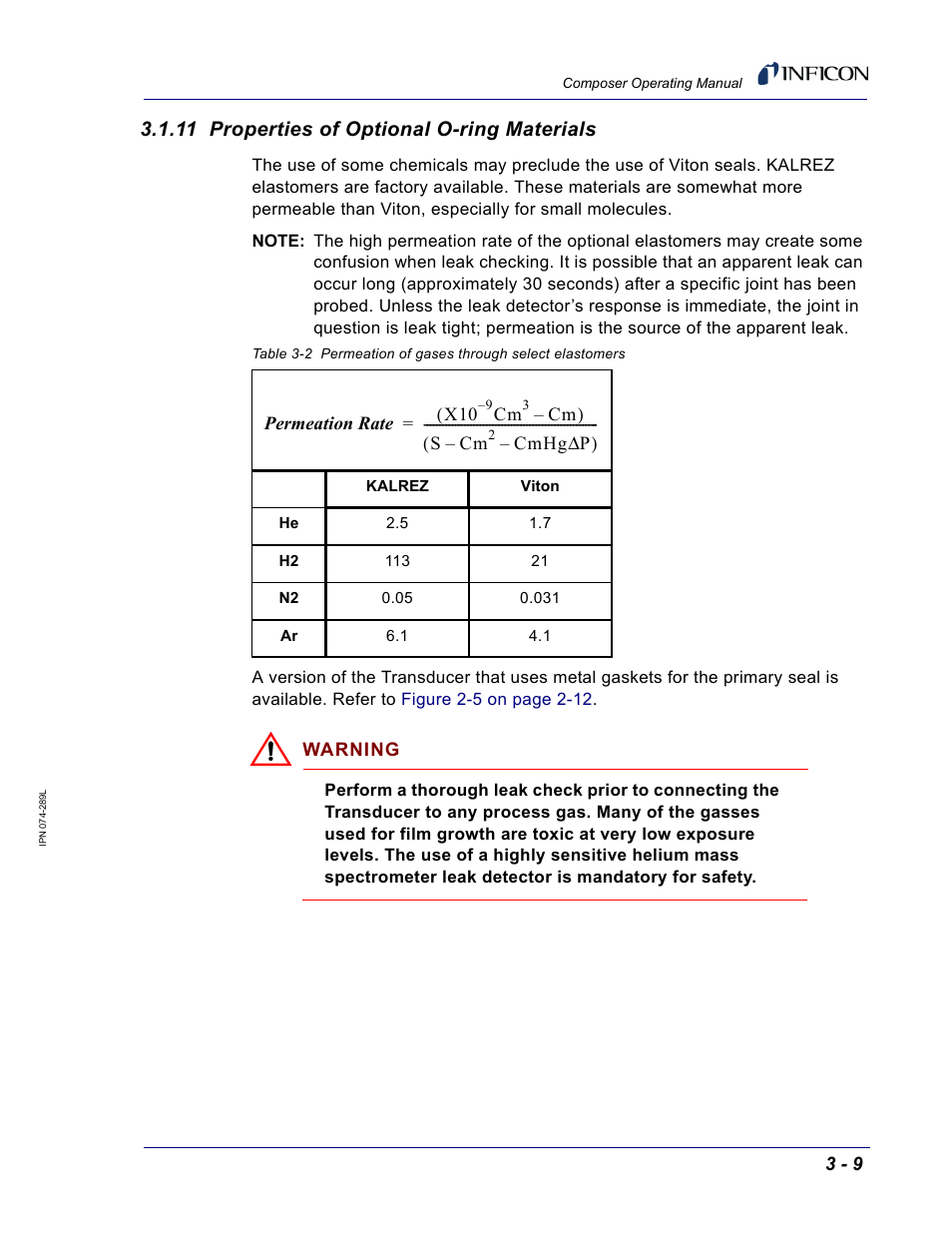 11 properties of optional o-ring materials | INFICON Composer Gas Concentration Controller User Manual | Page 71 / 206