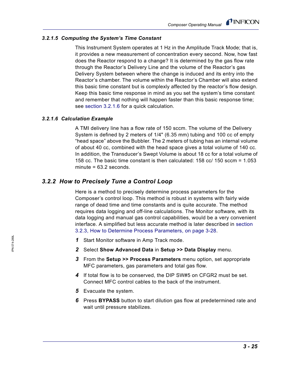 5 computing the system’s time constant, 6 calculation example, 2 how to precisely tune a control loop | INFICON Composer Gas Concentration Controller User Manual | Page 87 / 206