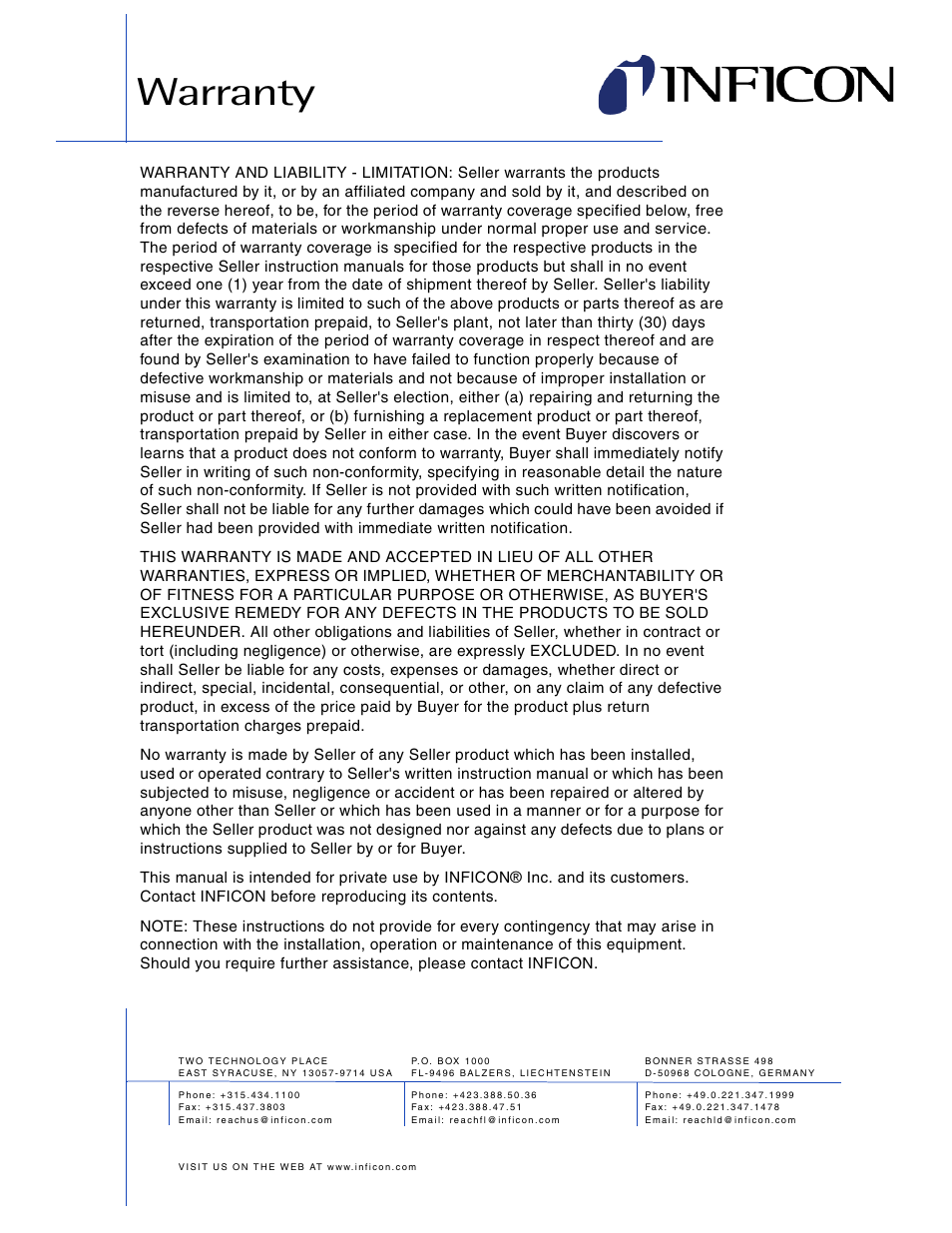 Warranty | INFICON Composer Gas Concentration Controller User Manual | Page 9 / 206