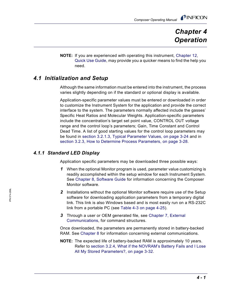 Chapter 4 operation, 1 initialization and setup, 1 standard led display | Chapter 4 | INFICON Composer Gas Concentration Controller User Manual | Page 97 / 206