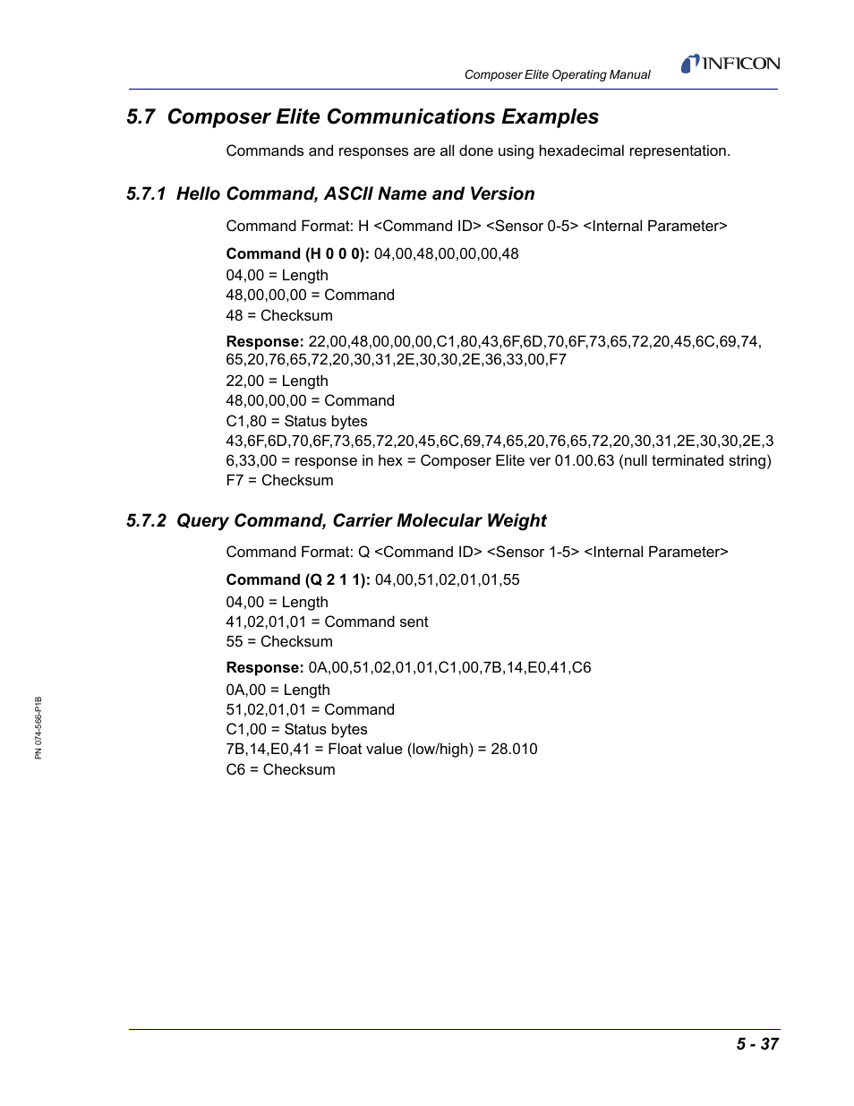7 composer elite communications examples, 1 hello command, ascii name and version, 2 query command, carrier molecular weight | INFICON Composer Elite Gas Concentration Monitor User Manual | Page 103 / 152