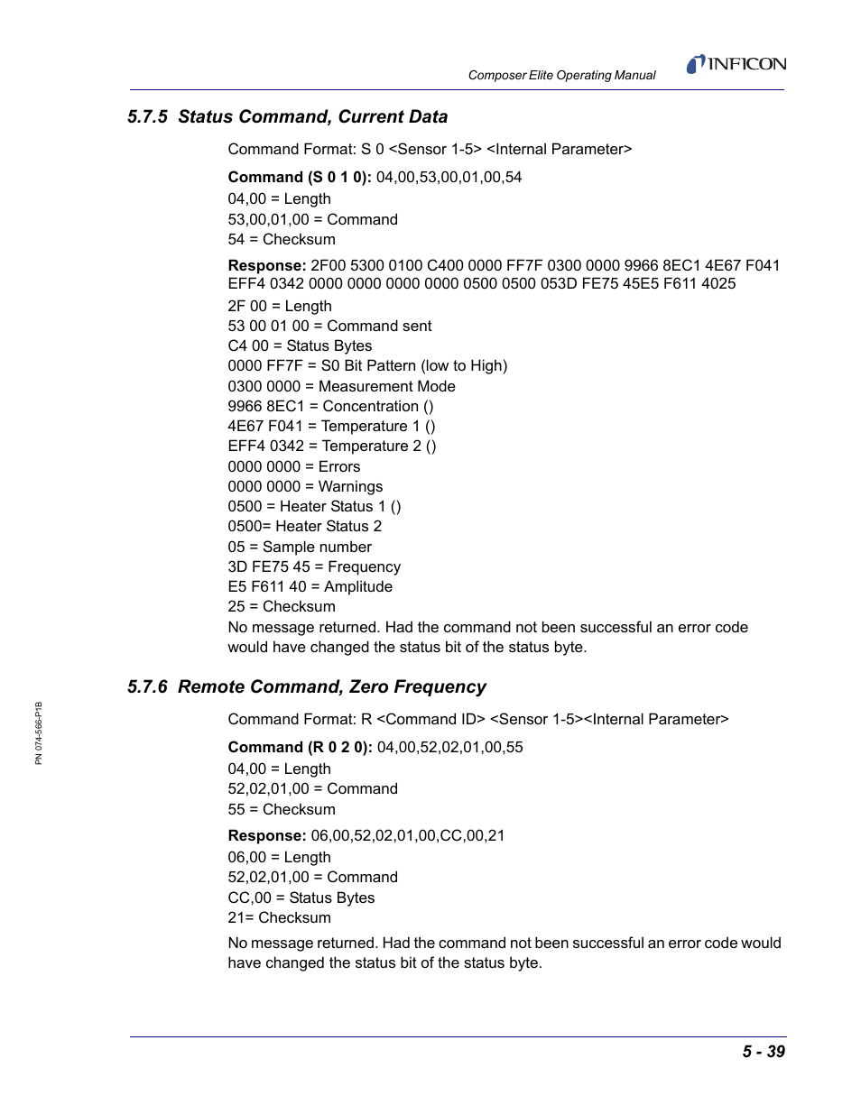 5 status command, current data, 6 remote command, zero frequency, Section 5.7.5 on | INFICON Composer Elite Gas Concentration Monitor User Manual | Page 105 / 152