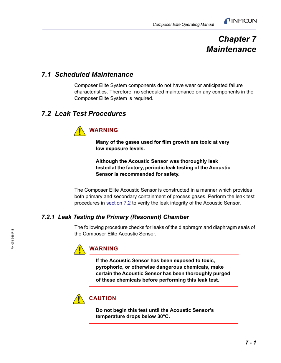 Chapter 7 maintenance, 1 scheduled maintenance, 2 leak test procedures | 1 leak testing the primary (resonant) chamber, Chapter 7, Section 7.2, leak test | INFICON Composer Elite Gas Concentration Monitor User Manual | Page 123 / 152