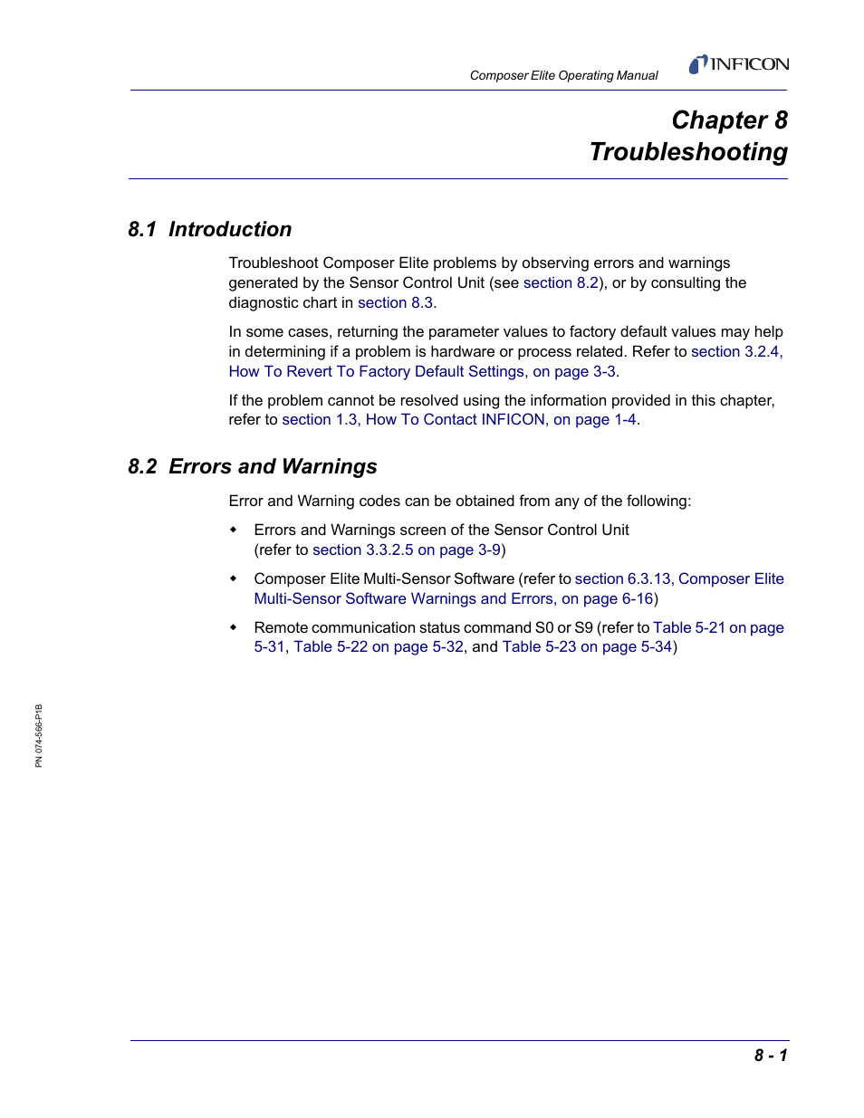 Chapter 8 troubleshooting, 1 introduction, 2 errors and warnings | Chapter 8 | INFICON Composer Elite Gas Concentration Monitor User Manual | Page 129 / 152
