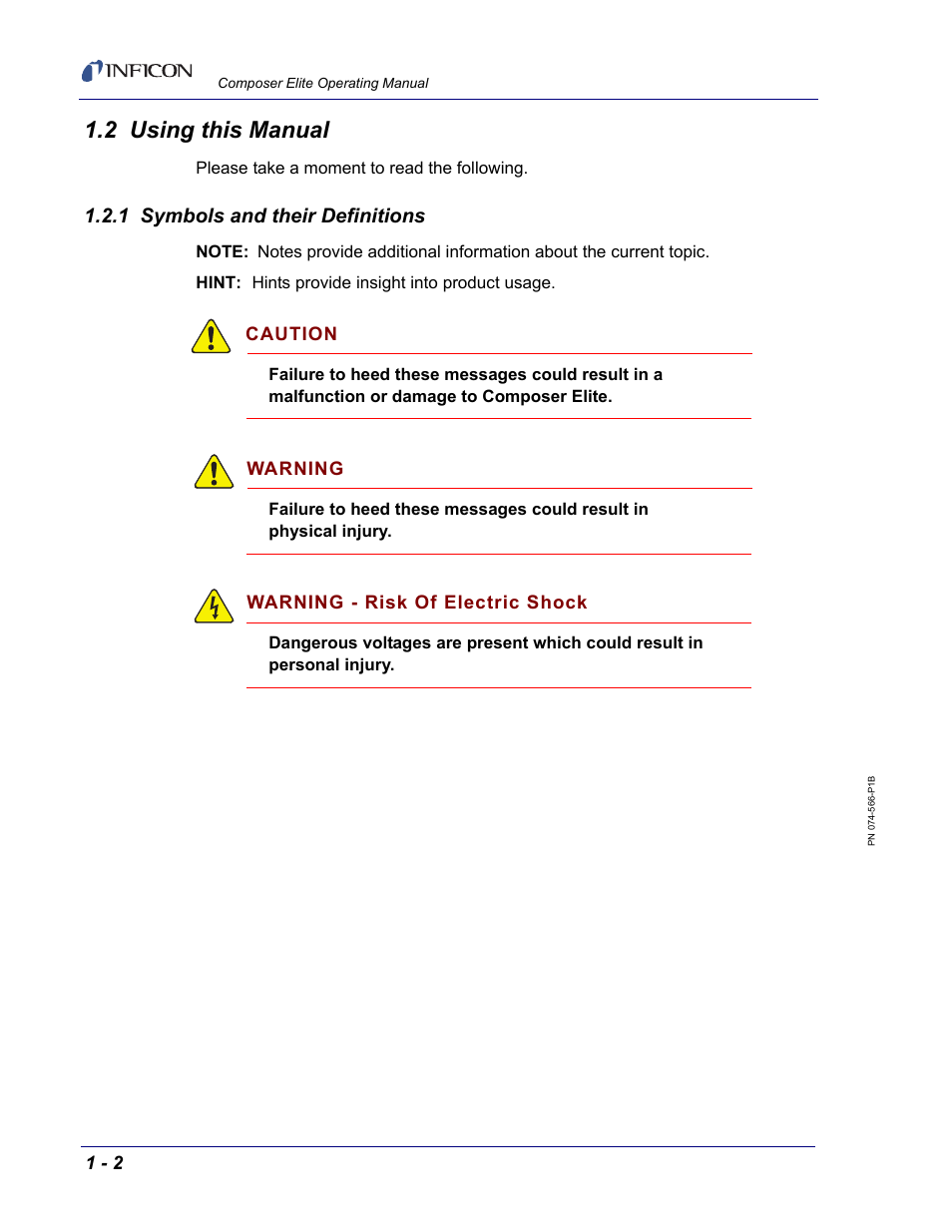 2 using this manual, 1 symbols and their definitions | INFICON Composer Elite Gas Concentration Monitor User Manual | Page 16 / 152