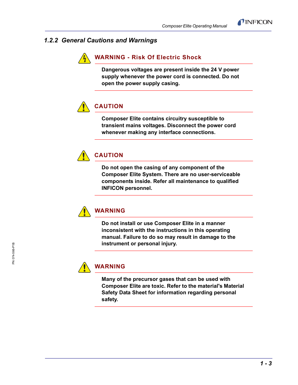 2 general cautions and warnings, Warning - risk of electric shock, Caution | Warning | INFICON Composer Elite Gas Concentration Monitor User Manual | Page 17 / 152