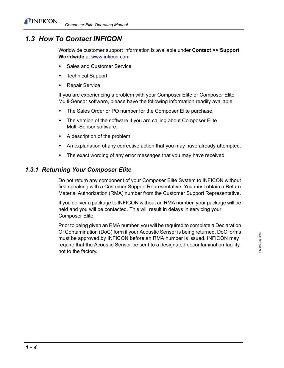 3 how to contact inficon, 1 returning your composer elite | INFICON Composer Elite Gas Concentration Monitor User Manual | Page 18 / 152