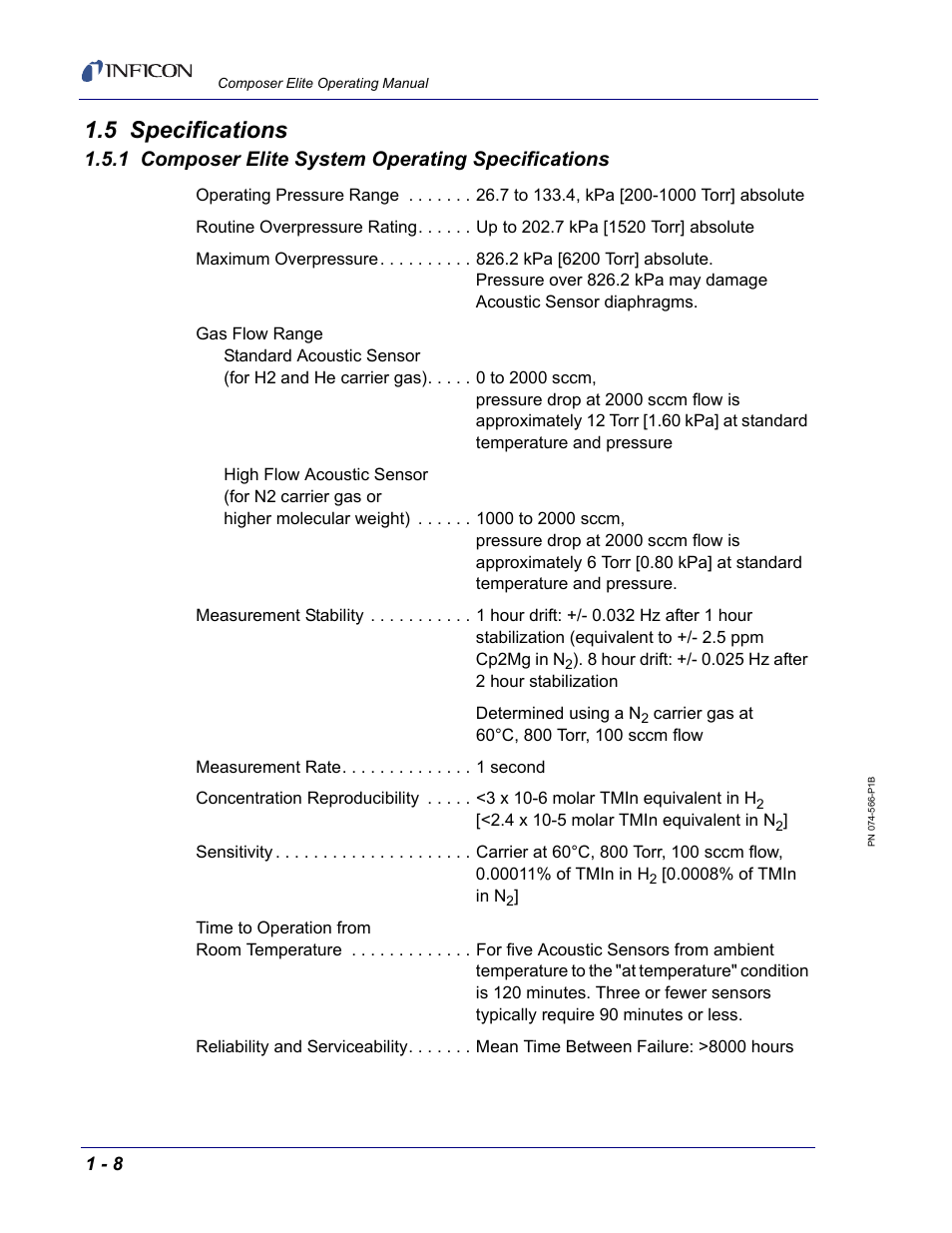5 specifications, 1 composer elite system operating specifications | INFICON Composer Elite Gas Concentration Monitor User Manual | Page 22 / 152