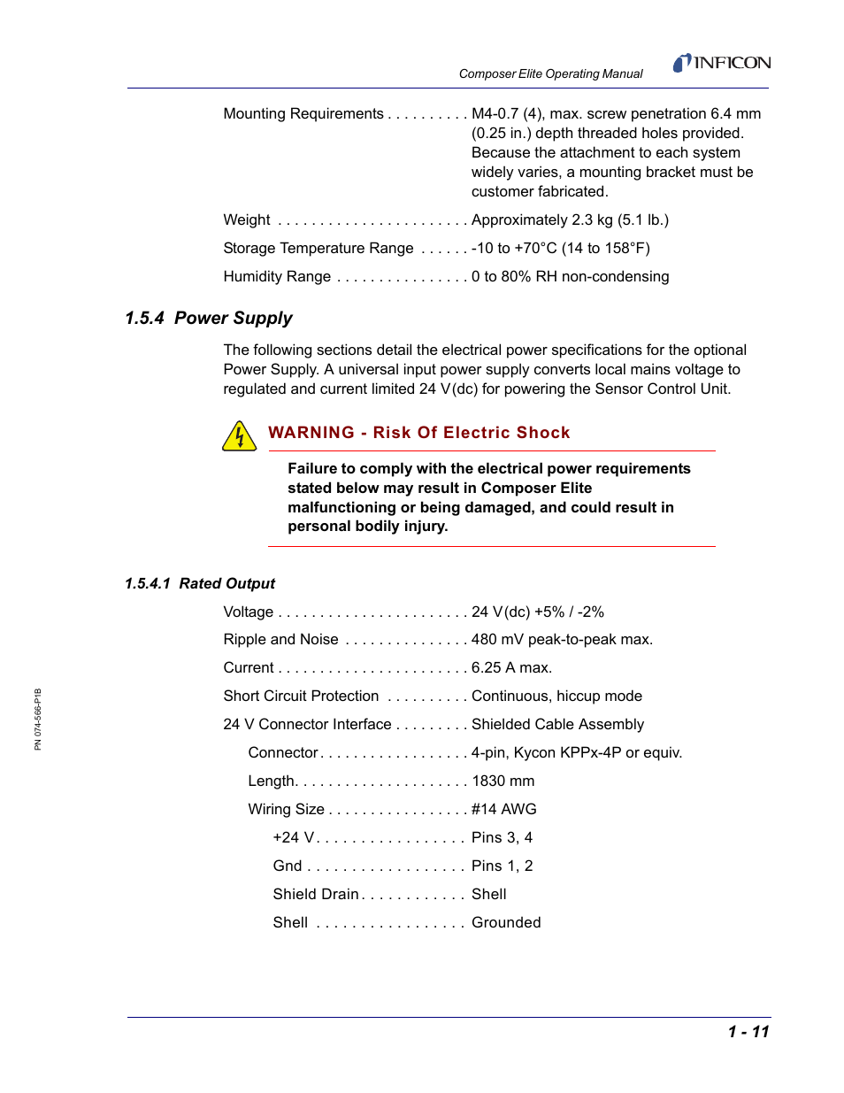4 power supply, 1 rated output, Section 1.5.4 | INFICON Composer Elite Gas Concentration Monitor User Manual | Page 25 / 152