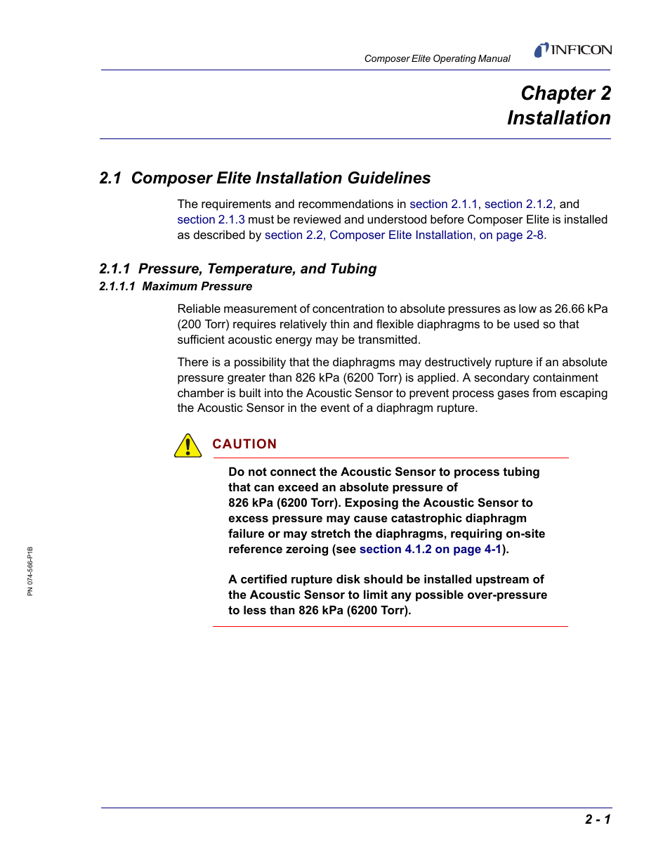 Chapter 2 installation, 1 composer elite installation guidelines, 1 pressure, temperature, and tubing | 1 maximum pressure, Chapter 2 | INFICON Composer Elite Gas Concentration Monitor User Manual | Page 29 / 152