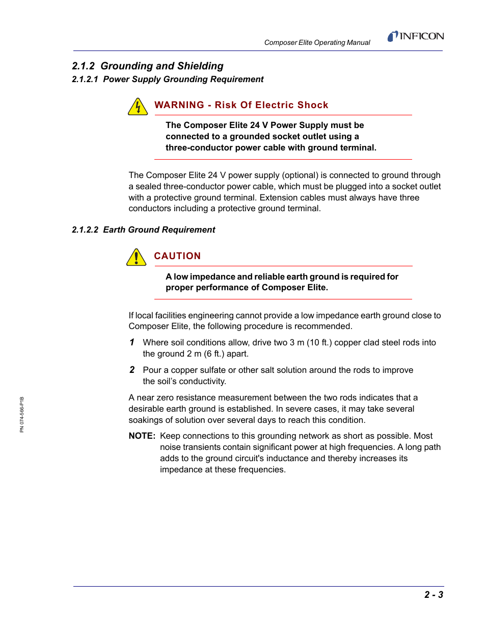2 grounding and shielding, 1 power supply grounding requirement, 2 earth ground requirement | Section 2.1.2 | INFICON Composer Elite Gas Concentration Monitor User Manual | Page 31 / 152