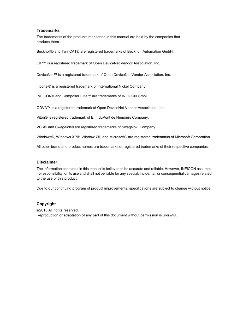 Trademarks, Disclaimer, Copyright | INFICON Composer Elite Gas Concentration Monitor User Manual | Page 4 / 152