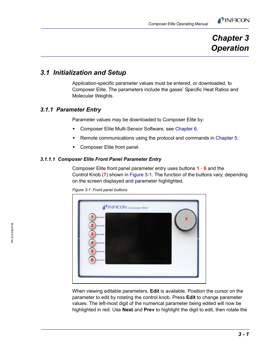 Chapter 3 operation, 1 initialization and setup, 1 parameter entry | 1 composer elite front panel parameter entry, Chapter 3 | INFICON Composer Elite Gas Concentration Monitor User Manual | Page 41 / 152