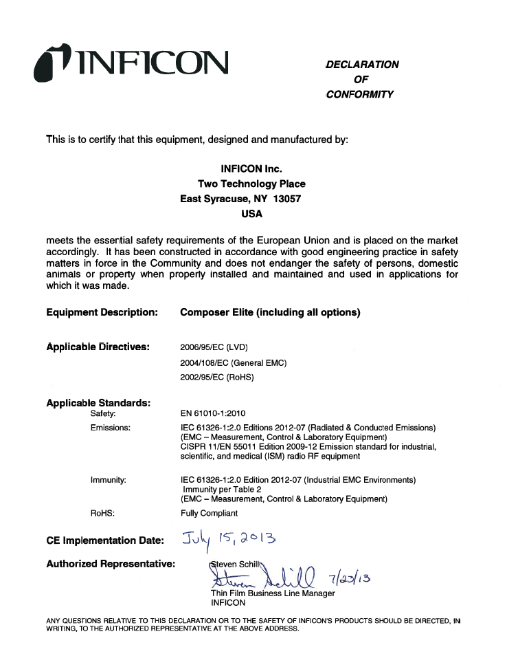 Declaration of conformity | INFICON Composer Elite Gas Concentration Monitor User Manual | Page 5 / 152